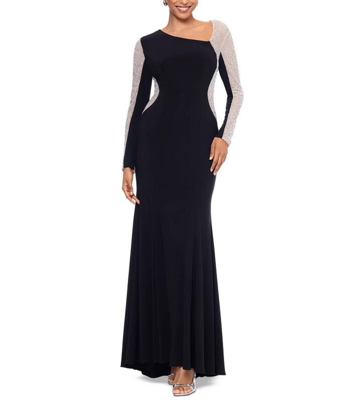XSCAPE Asymmetrical Rhinestone-Mesh-Sleeve Gown MSRP $289