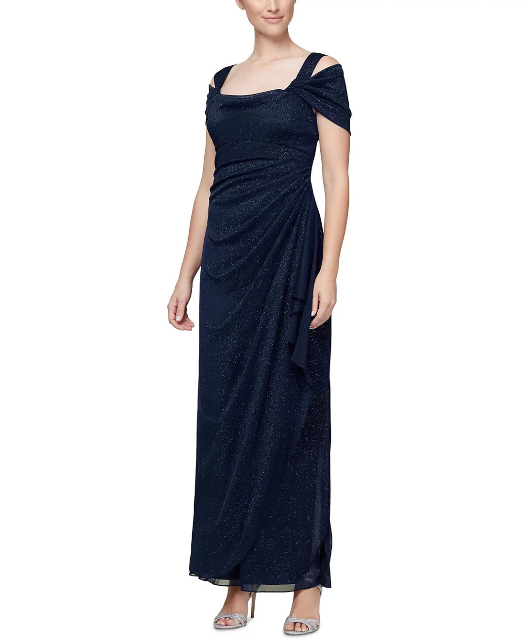 Alex Evenings Petite Cold-Shoulder Draped Metallic Gown MSRP $159