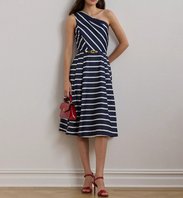 Lauren Ralph Lauren Women's Striped Belted Taffeta Cocktail Dress MSRP $345