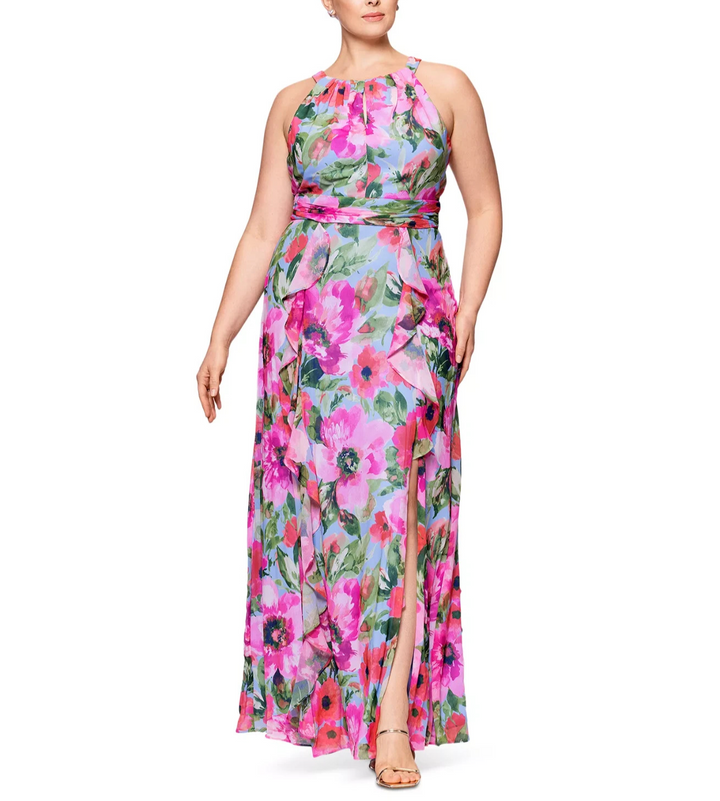 XSCAPE Plus Size Printed A-Line Ruffle-Skirt Dress MSRP $189