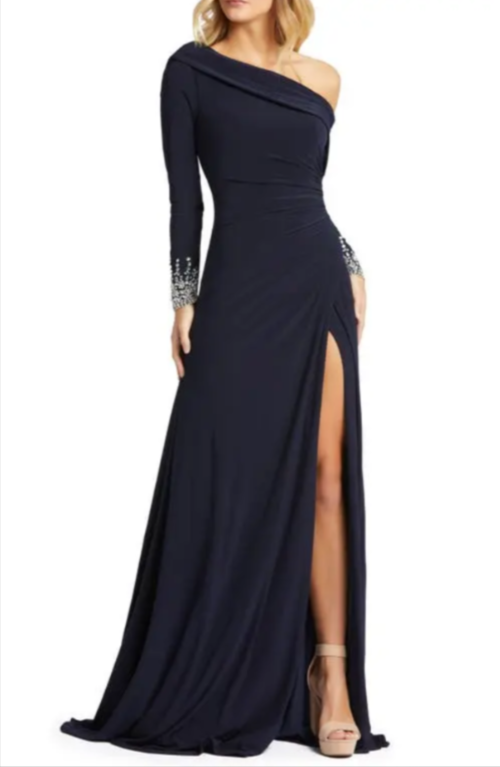 Mac Duggal Beaded Cuff Drop Shoulder Faux Wrap Gown MSRP $398