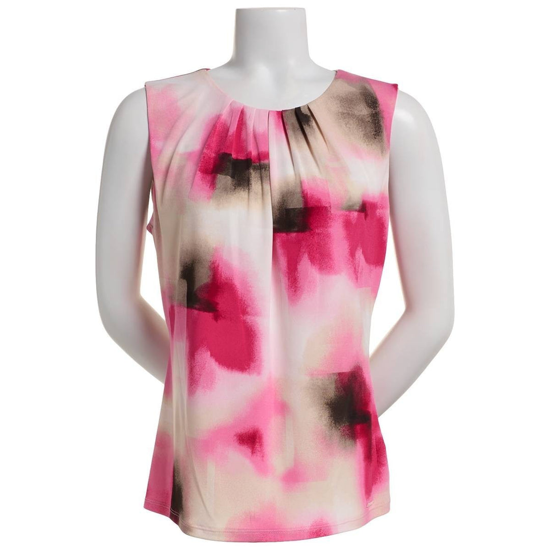 Calvin Klein Women's Printed Pleated-Neck Sleeveless Top MSRP $49