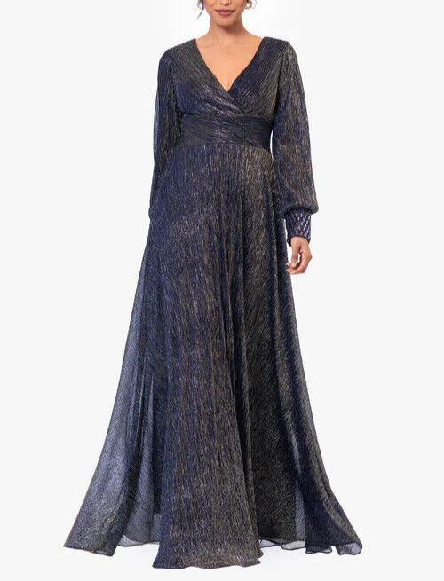 Betsy Adam "Clarise" Long Sleeve Galaxy Pleated Foil Gown MSRP $310 Size 14