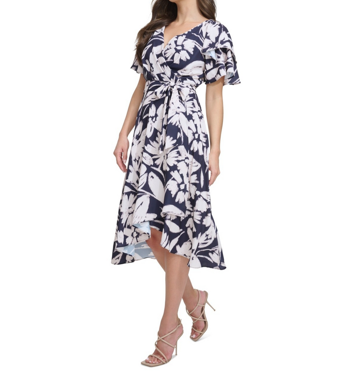 DKNY Petite Flutter-Sleeve Drapey-Crepe Fit & Flare Midi Dress MSRP $129