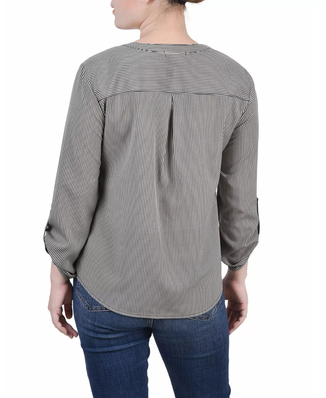 NY Collection Petite 3/4 Sleeve Roll Tab Y Neck Blouse MSRP $43