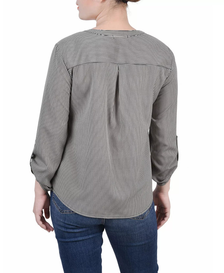 NY Collection Petite 3/4 Sleeve Roll Tab Y Neck Blouse MSRP $43