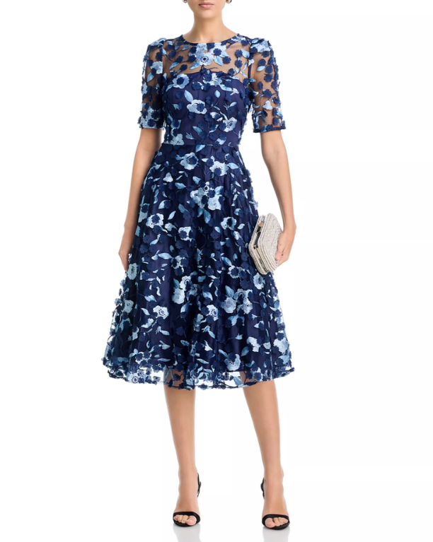 Eliza J Floral Elbow Sleeve Fit & Flare Dress MSRP $328