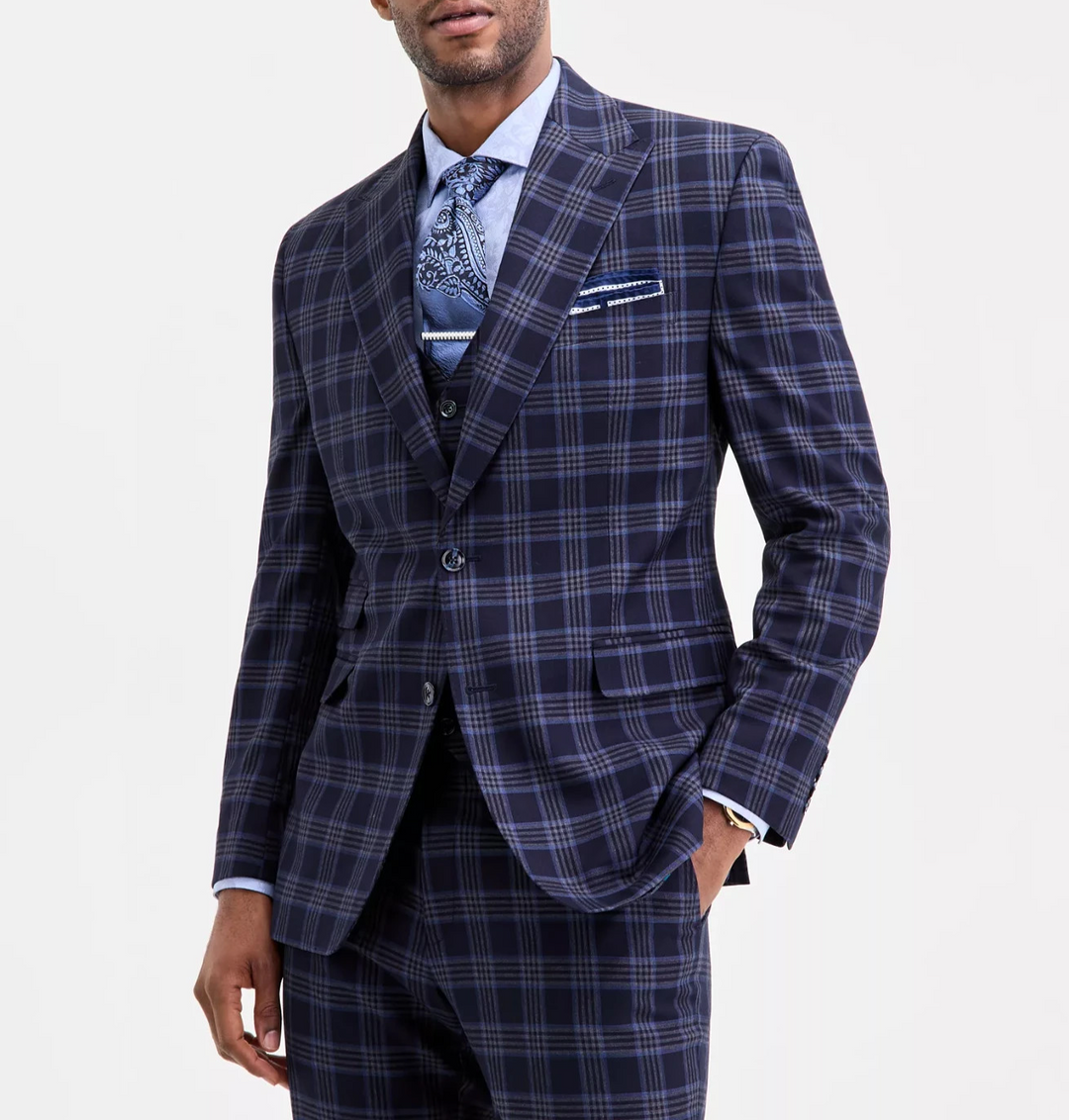 Tayion Collection Men's Classic-Fit Blue Plaid Suit Separate Jacket MSRP $360