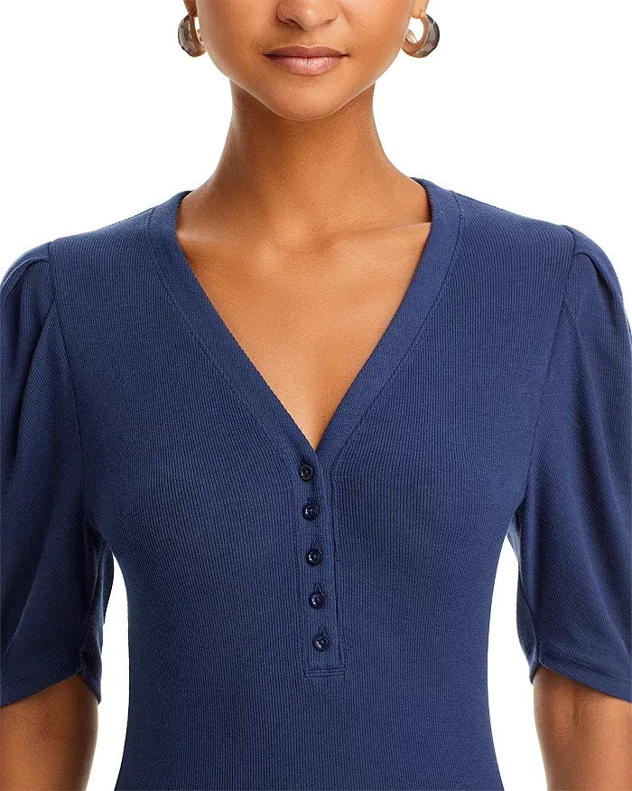 FRAME Rib Knit Ruched Sleeve Henley Tee MSRP $168