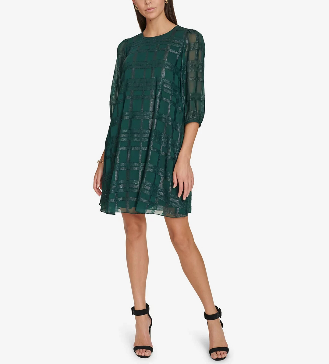Calvin Klein Jewel-Neck 3/4-Sleeve Chiffon Dress MSRP $139