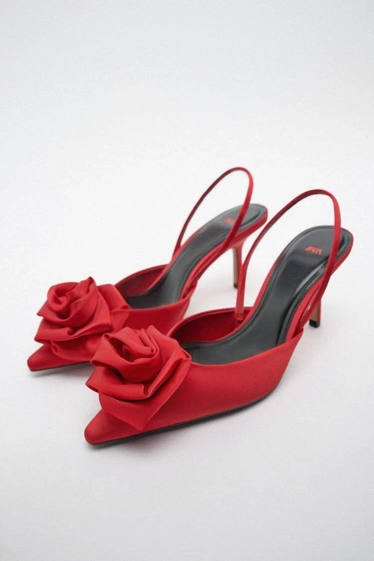 Zara Red Slingback Flower Floral Rosette Satin Pump Heels MSRP $89.90