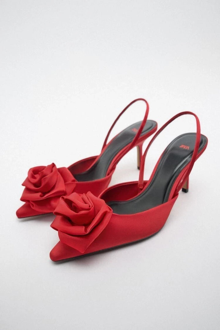 Zara Red Slingback Flower Floral Rosette Satin Pump Heels MSRP $89.90