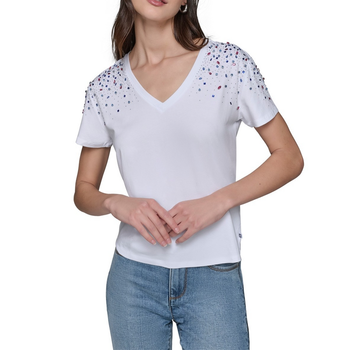 KARL LAGERFELD PARIS Women's Embellished V-Neck T-Shirt MSRP $79