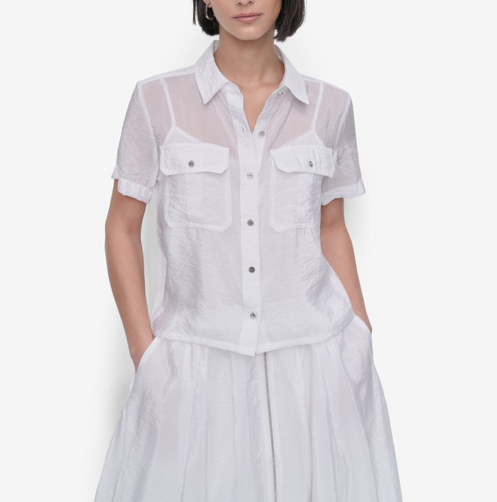 DKNY Women's Short-Sleeve Button-Front Tech Shirt MSRP $89
