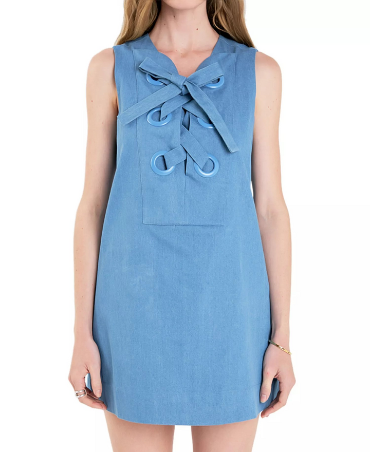 English Factory Women's Denim Lace-Up Mini Dress MSRP $110