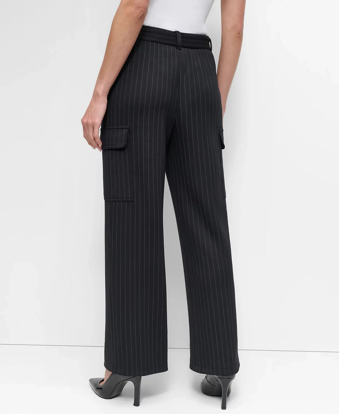 DKNY Pinstripe Tie-Waist Wide-Leg Cargo Pants MSRP $99