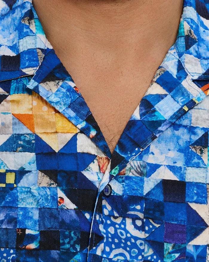 Robert Graham Sashiko Patchwork Print Regular Fit Camp Shirt MSRP $228