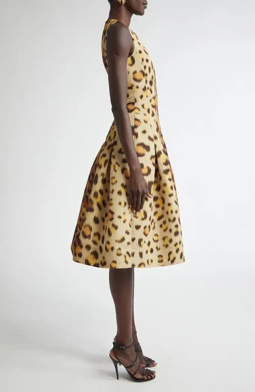 Oscar de la Renta Jaguar Print Pleated Faille Cocktail Dress MSRP $3690