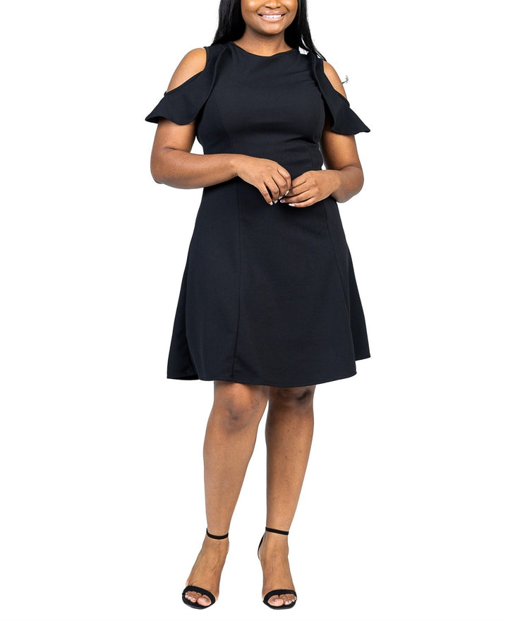 24seven Comfort Apparel Plus Size Ruffle Cold Shoulder A Line Dress MSRP $73.99