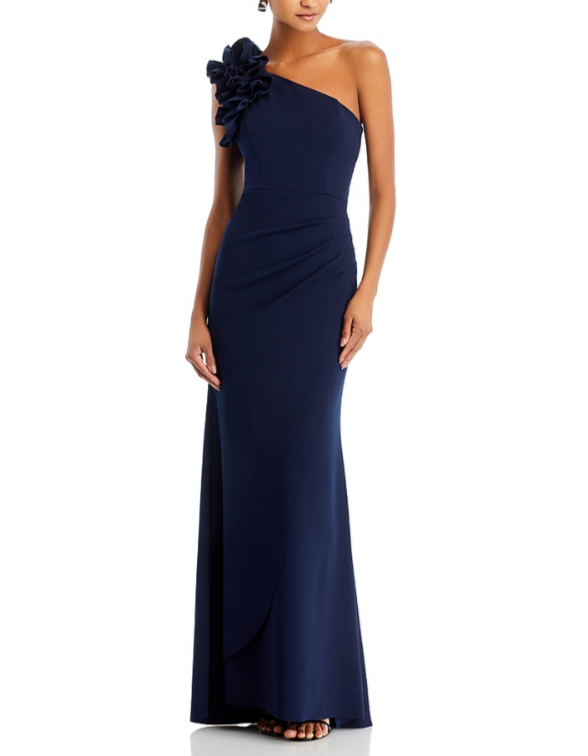 AQUA One Shoulder Ruffle Crepe Gown MSRP $298