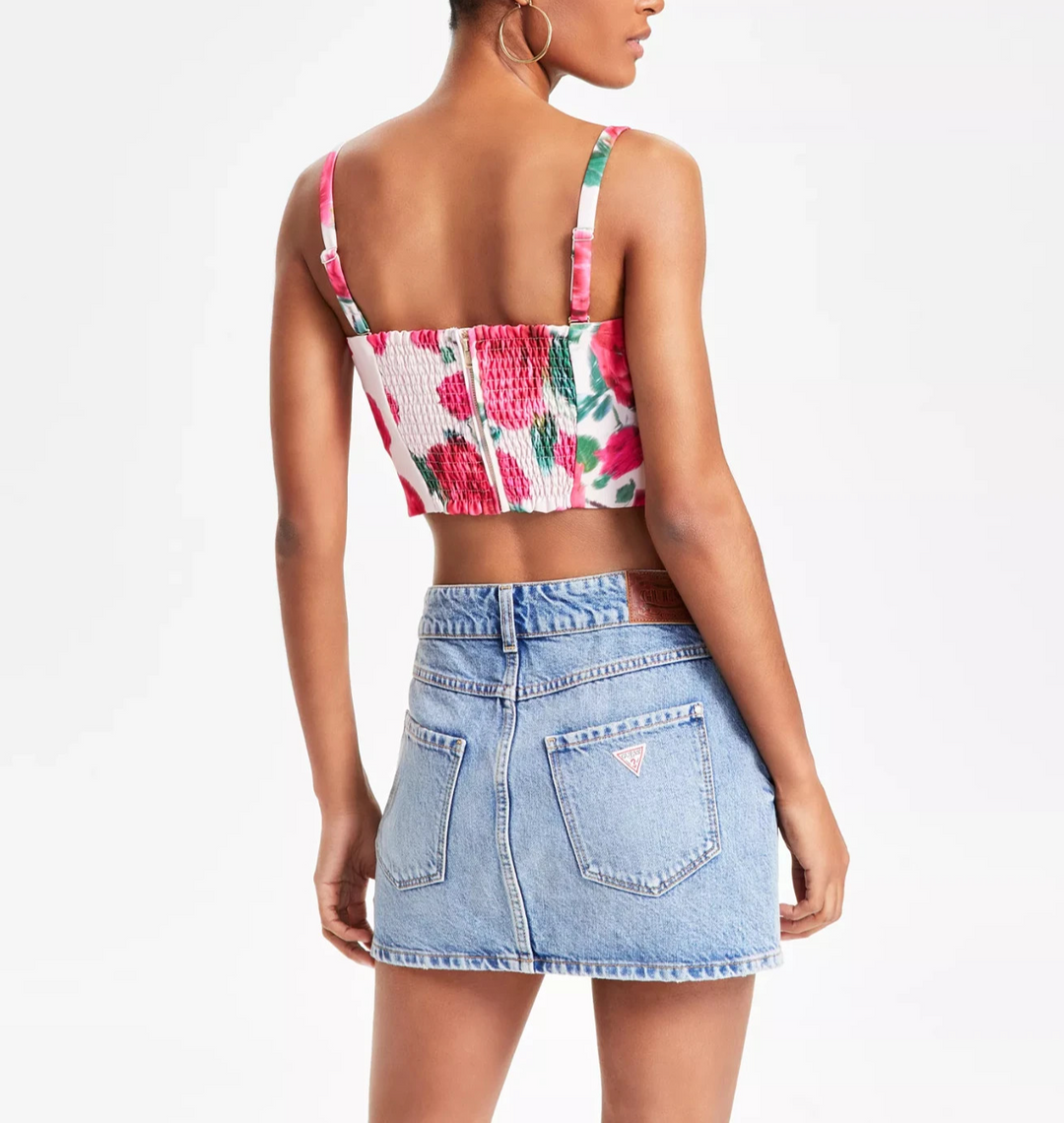 GUESS Women's Raissa Floral Smocked-Back Bustier Top MSRP $89