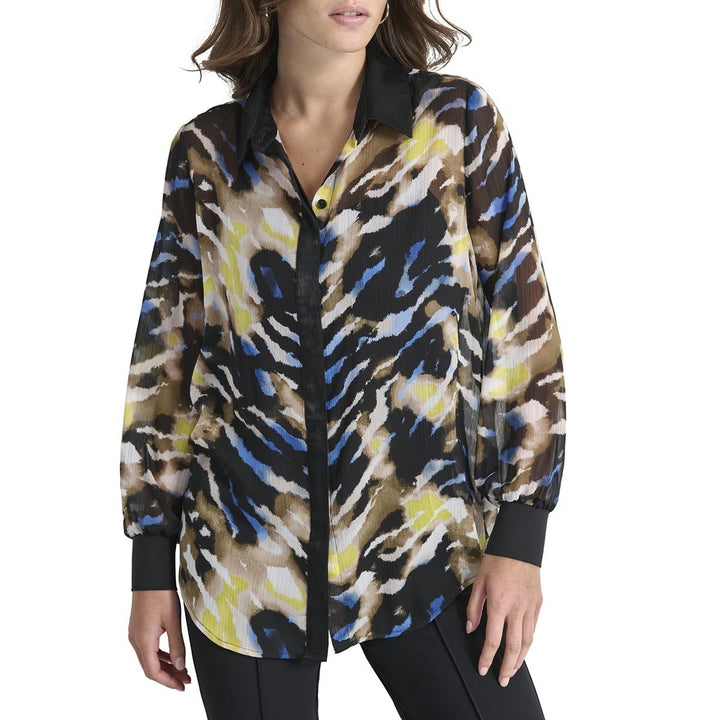 DKNY Women's Crinkled Chiffon Abstract-Print Blouse MSRP $89