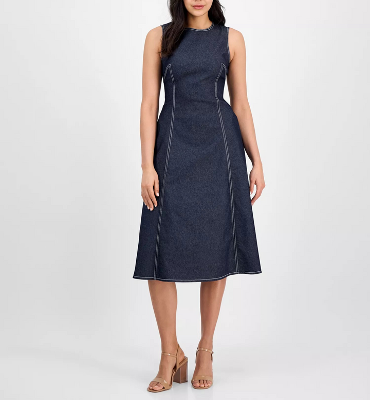 Vince Camuto Women's Fit & Flare Cotton Denim MIDI Dress MSRP $138