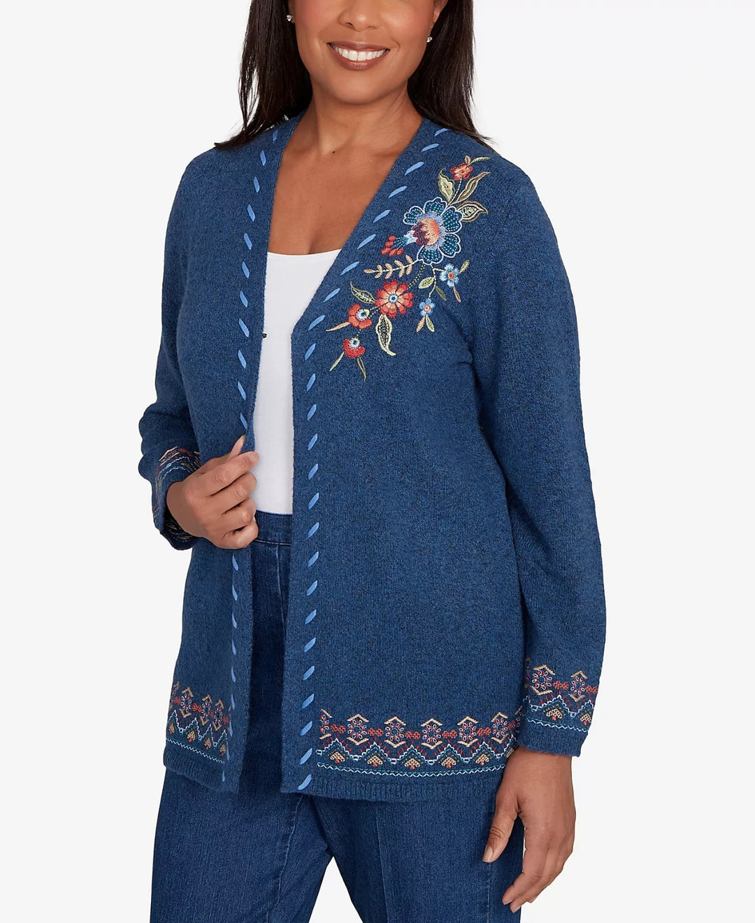 Alfred Dunner Women's Sunset Canyon Embroidered Flower Long Sleeve Cardigan $74