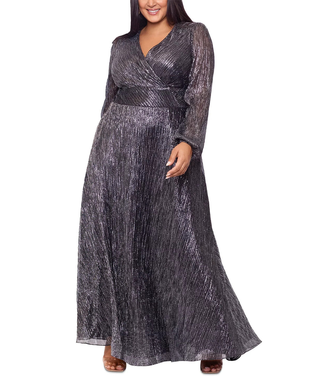 Betsy & Adam Plus Size Metallic Long-Sleeve Gown MSRP $309