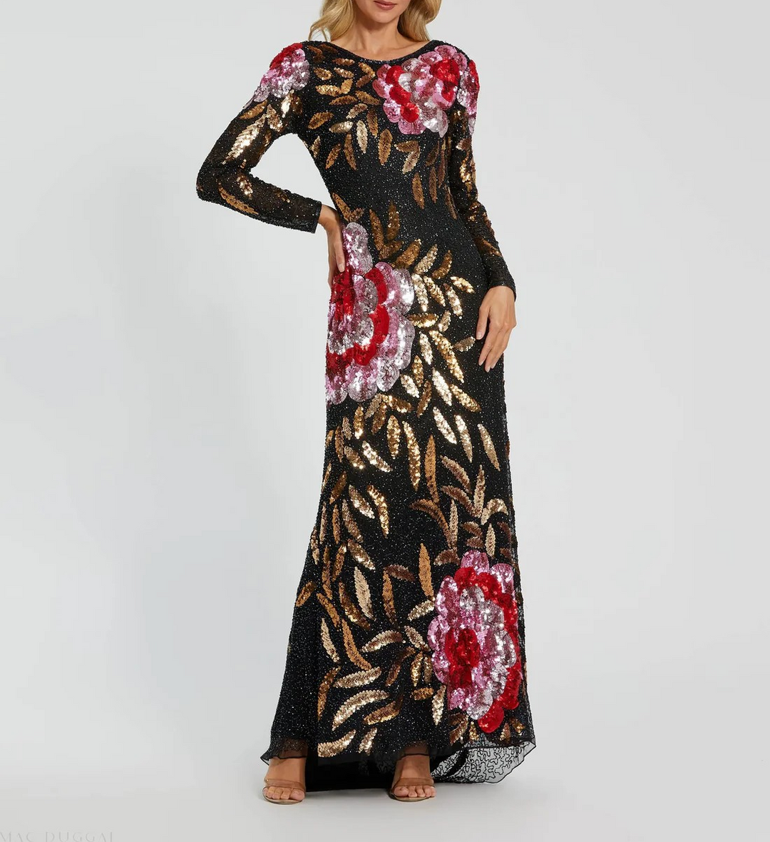 Mac Duggal Black Embellished Floral Long Sleeve Gown MSRP $598