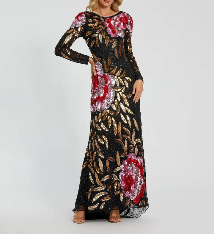 Mac Duggal Black Embellished Floral Long Sleeve Gown MSRP $598