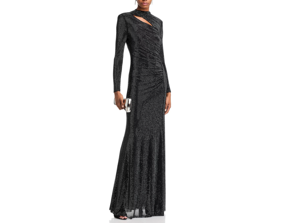 Self-Portrait Black Rhinestone Mesh Cut Out Gown MSRP $870