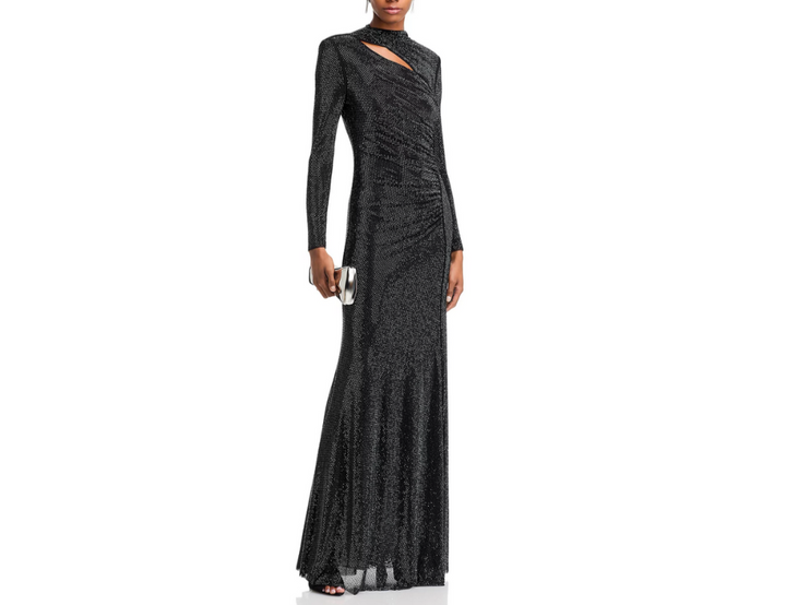 Self-Portrait Black Rhinestone Mesh Cut Out Gown MSRP $870