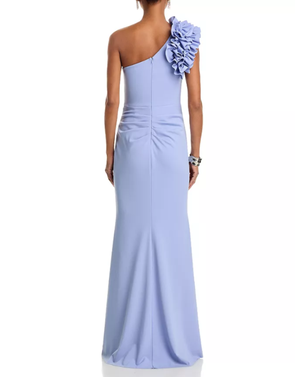AQUA One Shoulder Ruffle Crepe Gown MSRP $298