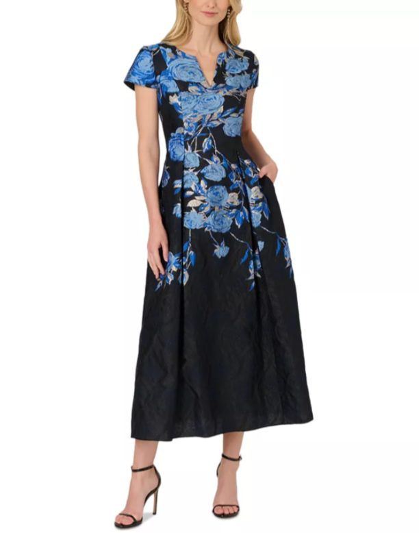 Adrianna Papell Split Neck Jacquard Dress MSRP $249