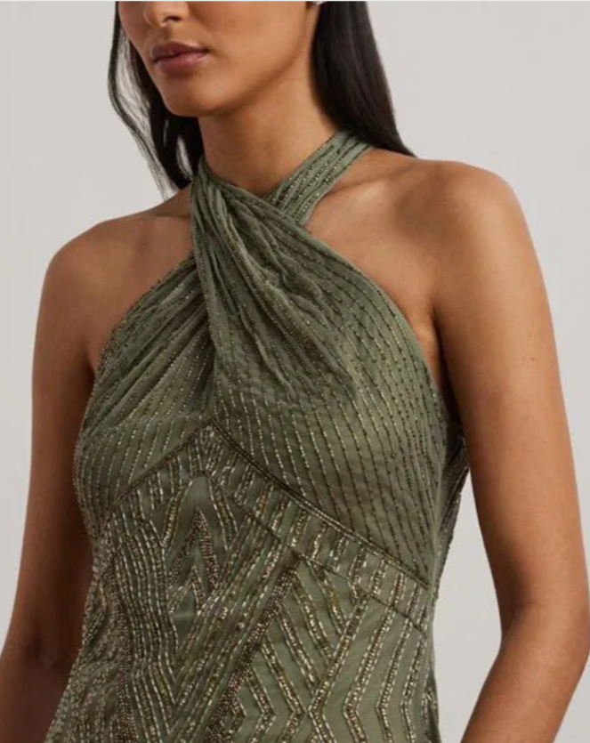 LAUREN RALPH LAUREN Beaded Mesh Sleeveless Halter Gown MSRP $595