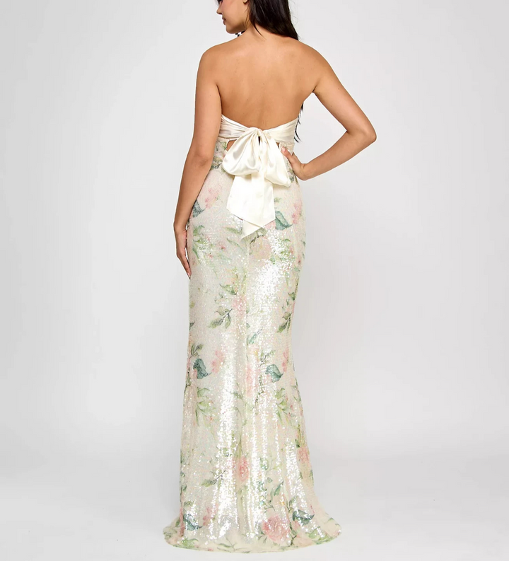 City Studios Juniors' Satin Twist-Front Bow-Back Sequined Gown MSRP $129