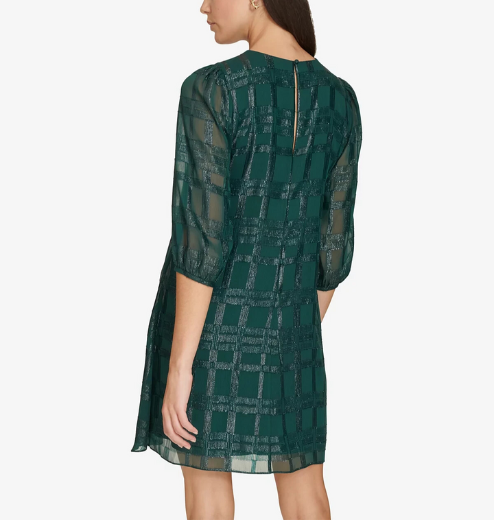 Calvin Klein Jewel-Neck 3/4-Sleeve Chiffon Dress MSRP $139