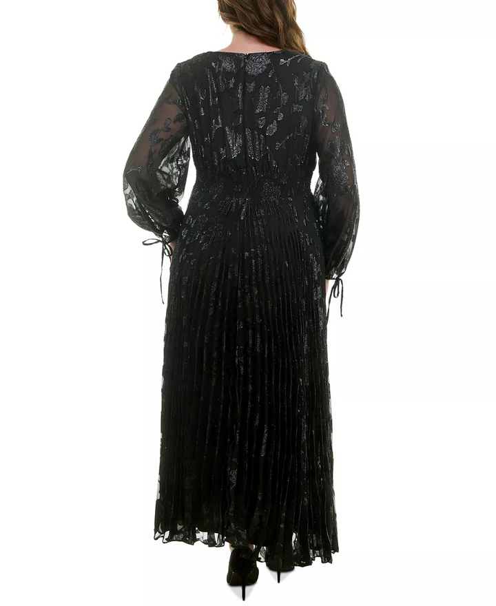 Taylor Plus Size Shimmering Floral Pleated Chiffon Maxi Dress MSRP $158