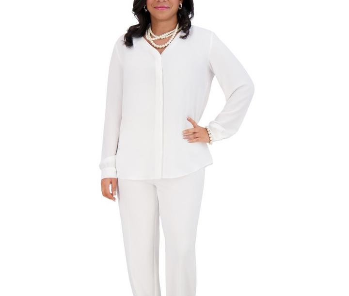 Kasper V-Neck Button-Front Long-Sleeve Blouse MSRP $69