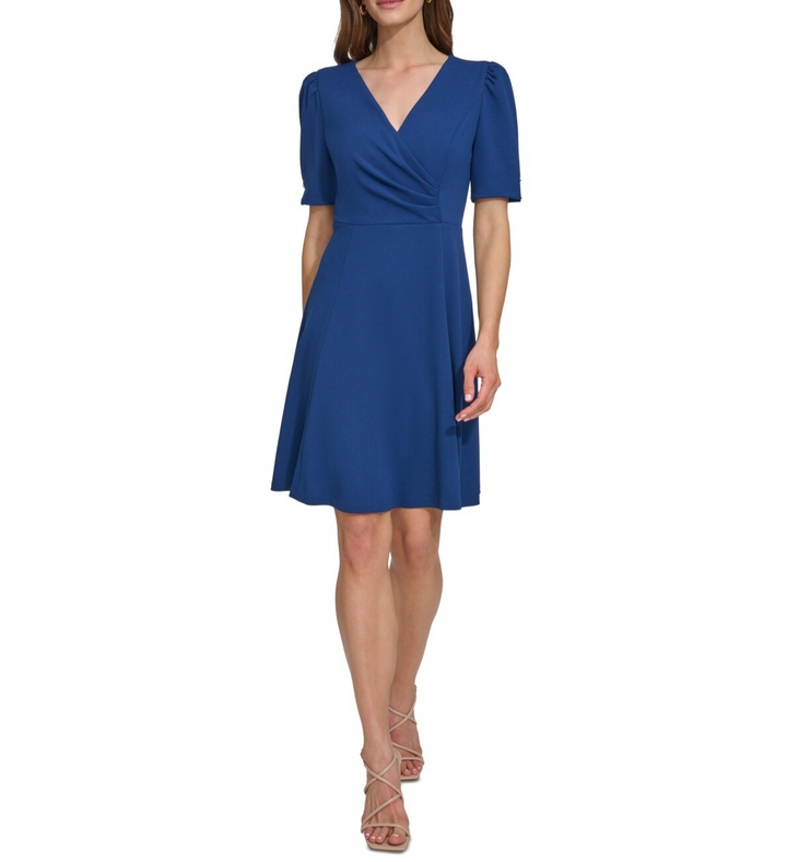 DKNY Draped-Front Puff-Shoulder A-Line Dress MSRP $119