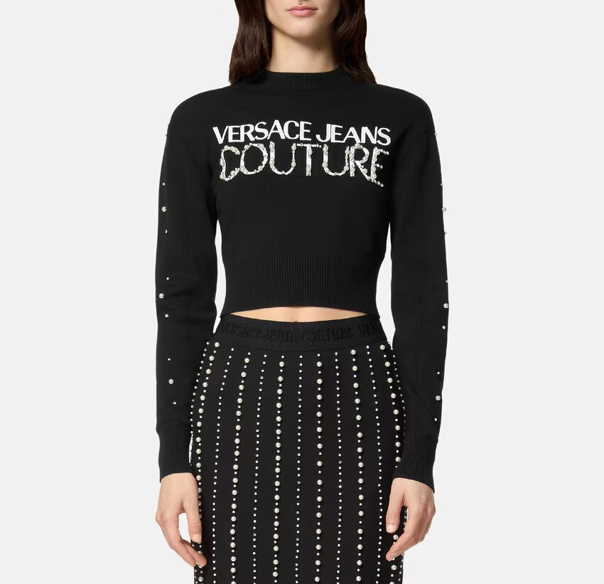 Versace Jeans Couture Embellished Logo Crop Sweater MSRP $475