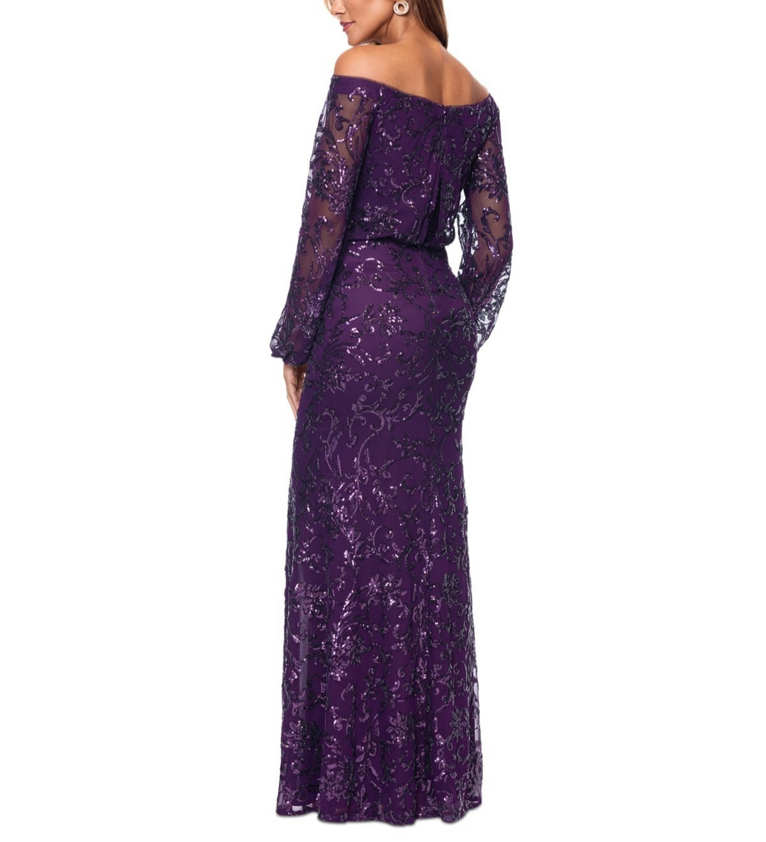 XSCAPE Sequined Off-The-Shoulder Long-Sleeve Gown MSRP $279