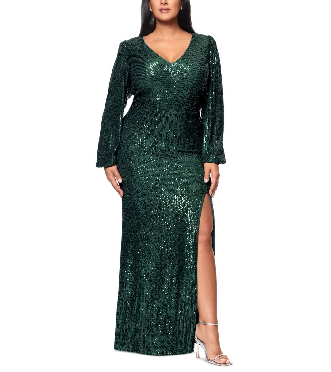X by XSCAPE Plus Size Sequin Long-Sleeve Side-Slit Gown MSRP $199