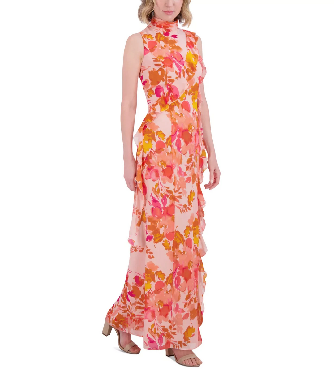 Eliza J Women's Printed Ruffle-Trims Chiffon Dress MSRP $198