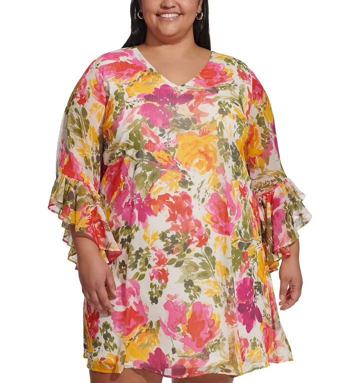 Calvin Klein Plus Size Printed V-Neck Bell-Sleeve Shift Dress MSRP $129