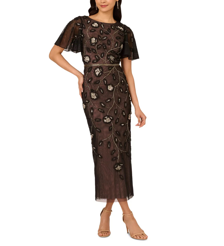 Adrianna Papell Embellished Flutter-Sleeve Sheath Dress MSRP $299