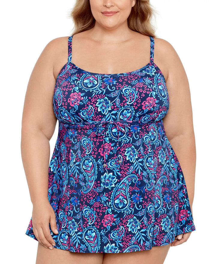 Swim Solutions Tummy Control Printed Tie-Waist Swim Dress MSRP $122