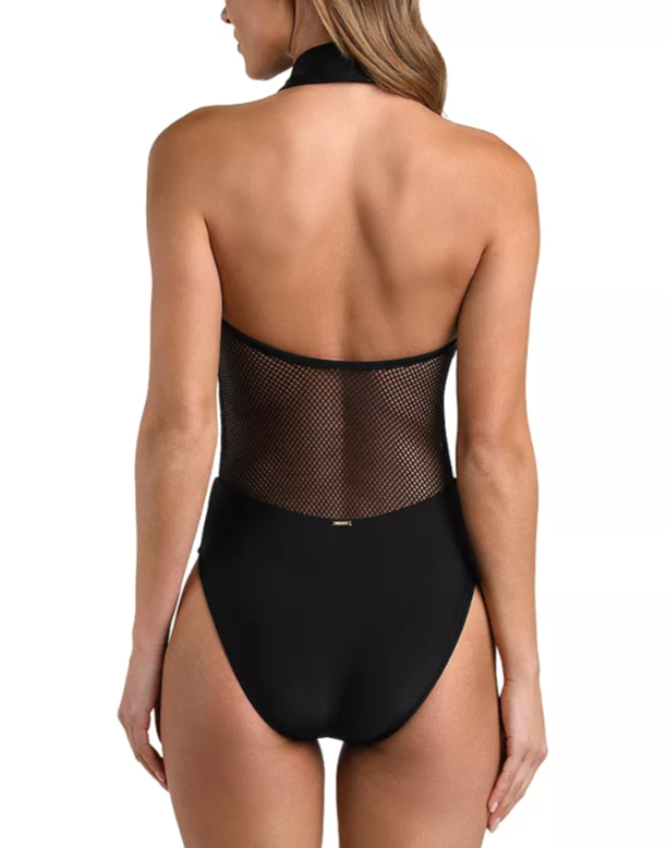 L'AGENCE Natalya Collared Mesh Solid One Piece Swimsuit MSRP $280
