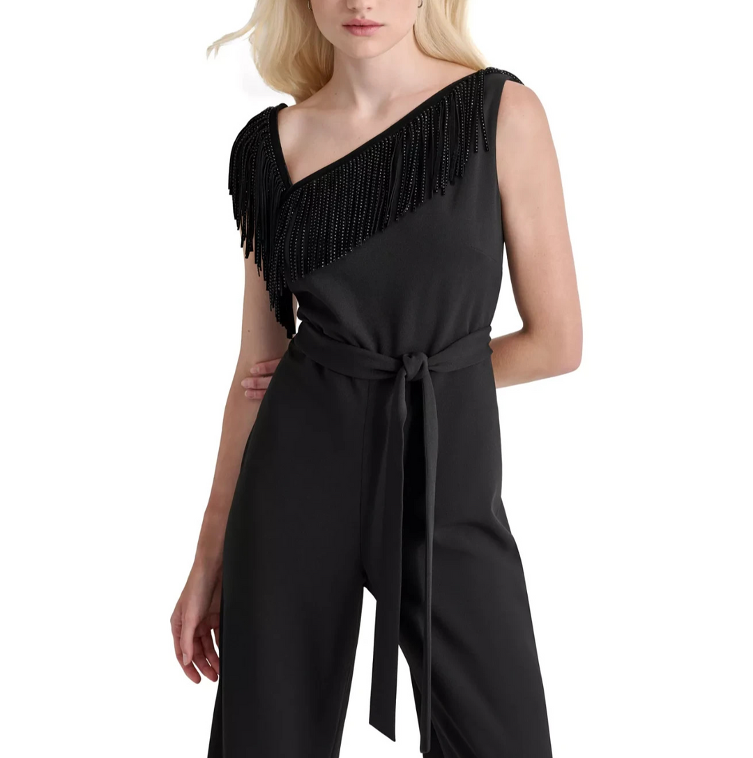 DKNY Women's Asymmetric-Neck Fringe-Trim Jumpsuit MSRP $149